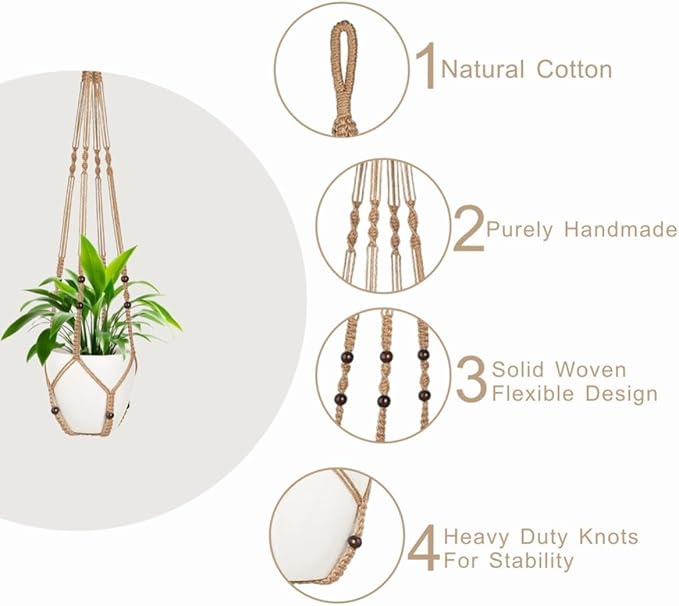 1 Pack Macrame Plant Hanger,Hanging Plant Holder, Boho Home Decor Hanging Basket with Wood Beads,Hanging Planters for Indoor Plants,Plant Hanger Indoor 43" Brown (POTS NOT Included)