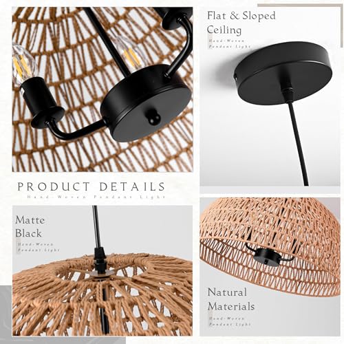 24" Brown Woven Pendant Light Boho Chandelier Dome Rustic Farmhouse Chandelier Wicker Pendant Light Rattan Light Fixture for Dining Room Living Room Bedroom Kitchen Island Foyer(Bulb Incl) - color: 24" Natural