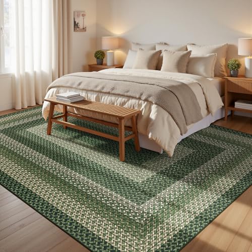Ileading Faux Braided Area Rug 6'x9' Washable Farmhouse, No-Shed Non-Slip Woven Carpet, Pet Friendly Stain Resistant Jute Style Rug for Living Room Dining Bedroom Office - color: Multi Color-green, size: 6' x 9'(Rectangular)