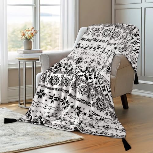 MACEVIA Flannel Boho Blanket for Couch, Country Western Aztec Printed Throw with Tassel, Soft Cozy Bohemian Blanket for Home Decor (Black and White, 50x60inches) - color: Boho Black and White, size: Flannel Fleece (50x60 IN)