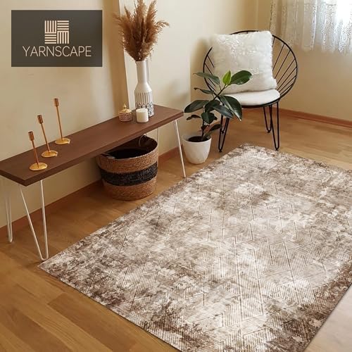 YARNSCAPE 3' x 5 ' Washable Area Rug - Low Pile Soft Vintage Indoor Rug for Living, Dining or Bedroom - Lightweight Carpet with Non-Slip Backing - Foldable for Easy Placement, Brown - color: Texture-brown, size: 3' x 5' (Rectangular)