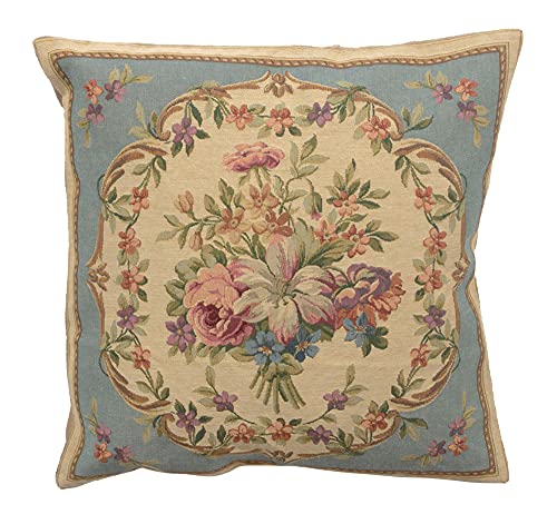 Charlotte Home Furnishings Inc Premium 18x18 Decorative Throw Pillow Cover, Bouqet Floral Blue Cushion Cover, Cotton Jacquard Woven Pillow Cover for Couch, Sofa, Living Room Decor - color: Floral Blue