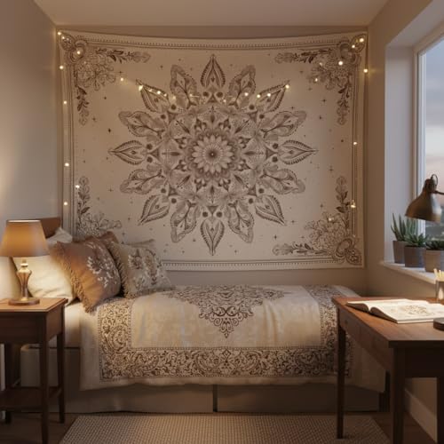 Motanber Floral Mandala Tapestry Wall Hanging Boho Beige Tapestry Aesthetic Bohemian Flower Cute Large Tapestries for Bedroom Living Room Dorm Wall Decor 80 x 60 Inch - color: Beige White, size: 80"L x 60"W