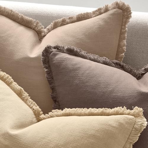 ANRODUO Set of 2 Decorative Throw Pillow Covers 24×24 Inch Soft Linen Fringe Farmhouse Boho Vintage Cushion Covers with Tassels Accent Pillowcase for Couch Sofa Bed Living Room Summer Decor Beige - color: Beige, size: 24" x 24" (Pack of 2)