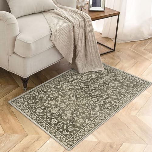 Vintage Entryway Rug Indoor, Taupe Brown Washable Rug 2x3, Small Area Rug with Non-Slip Backing, Floral Print Thin Faux Wool Super Soft Door Mat for Kitchen, Entrance, Bedroom, Office - color: Taupe Brown, size: 2' x 3' (Rectangular)