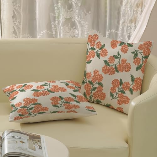 Fall Burnt Orange Pillow Covers 16x16 Inch 2 Pcs Green Hydrangea Flower Decor Throw Pillows Vintage Floral Seasonal Autumn Outdoor Decoration Pillowcase Linen Cushion Cover for Couch Sofa - color: Burnt Orange Hydrangea, size: 16" x 16" (Pack of 2)