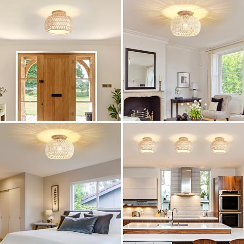 Boho Rattan Ceiling Light Fixture - 3 Style Options Wicker Semi Flush Mount Ceiling Lights,Beige Coastal Light Fixtures,Bohemian Woven Basket Chandelier for Hallway Bedroom Nursery Kitchen Laundry - color: Beige