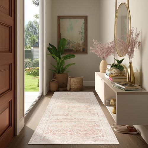 Pink Boho Runner Rugs for Hallway Bathroom Non Slip Cute Bed Side Bedroom Rug 2x6 Light Pink Low Pile Floral Distressed Rugs for Kitchen Washable Stain Resistant Carpet for Laundry Room 2 x 6 - color: Pink, size: 2' x 6' (Rectangular)