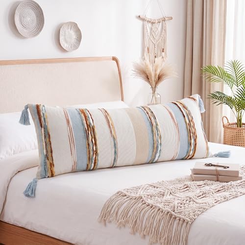 PANOD Boho Long Lumbar Throw Pillow Cover 14 x 36 Blue Brown, Chenille Morocan Extra Long Pillow Case Cover, Decorative Long Pillow for Bed Couch Sofa Farmhouse - color: Light Blue Tone, size: 36" x 14" (Pack of 1)