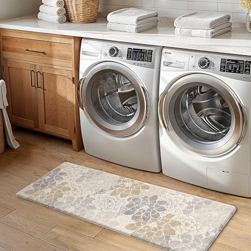 GENIMO Kitchen Mats for Floor, Kitchen Rugs Non Slip Washable Sets of 2, Waterproof Cushioned Anti Fatigue Mat, Floral Runner Rug for Laundry, Sink, Office, Home, 17.3"x47"+17.3"x30", MilkyWhite - color: Milky White, size: 17.3"x47"+17.3"x30"