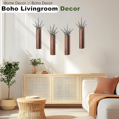 Wood Wall Planter with 20 pcs Artificial Eucalyptus, Modern Decor for Living Room Bedroom Bathroom Entryway, Farmhouse Boho Wall Vases for Dried Flowers and Faux Plants - 4 Pack