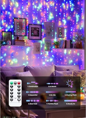 Brightown 300 LED Fairy Curtain Lights, Curtain String Lights, USB Plug in 8 Lighting Modes Christmas Decoration, Hanging Lights with Remote for Bedroom Indoor Weddings Dorm Multicolor 1 Pack - color: Multicolor, size: 1 Pack-300 LED-USB Plug