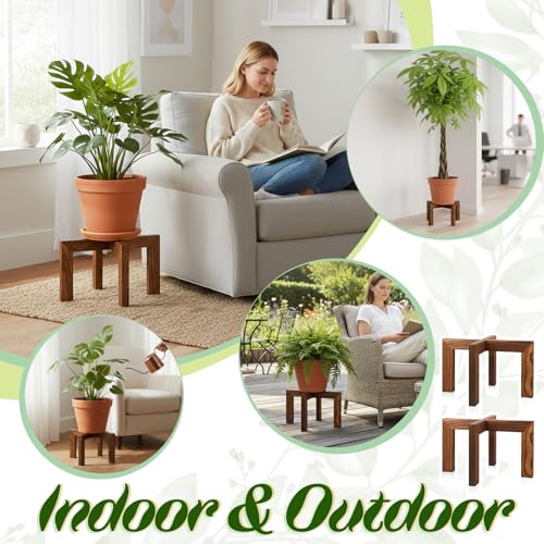 2 Pack Wood Plant Stand, Indoor Outdoor Sturdy Brown Flower Pot Holder Modern Plant Shelf Rattan Flower Plants Stool Elegant Home Decor for 5-18 Inch Pots Patio Variety Pots Easy Assembly