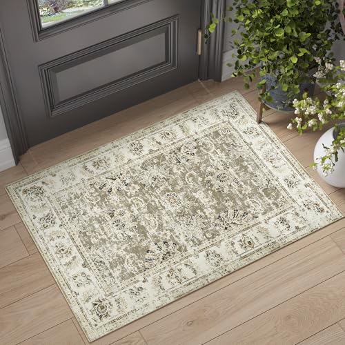 jinchan Fiora Floral 2x3 Rug for Entryway - Vintage Washable Area Rug Ultra-Thin Low Pile Soft Small Non Slip Distressed Indoor Door mat Accent for Entrance Kitchen Bathroom Bedroom (2x3ft, Taupe) - color: Distressed Taupe, size: 2' x 3' (Buttery Soft)