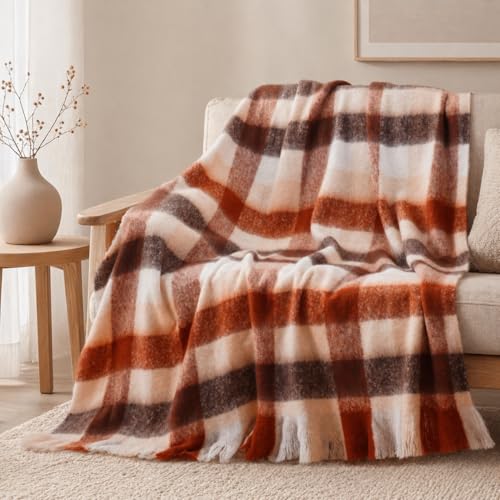 BATTILO Rust Plaid Throw Blanket for Couch Bed, Soft Mohair Tartan Plaid Blanket, Farmhouse Style Checkered Pattern, Fall Throw Blankets for Home Decor(50"x60") - color: Rust Plaid Checkered