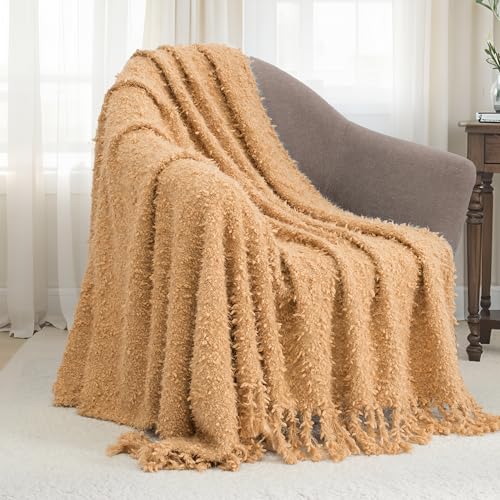 Winter Knit Throw Blanket Fluffy Fuzzy Soft Lightweight Cozy Farmhouse Tassels Chunky Knitted Throws for Couch Sofa Bed (Camel, 50"x60") - color: Camel, size: 50"x60"