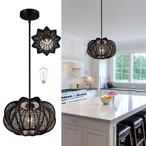 Black Rattan Pendant Light 12.6 in Rattan Light Fixture Wicker Chandelier Woven Pendant Light Boho Chandelier for Foyer - color: 12.5" Black