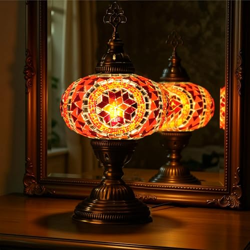 Turkish Mosaic Desk Lamp with Bulb – Orange Red Tiffany-Style Glass, Vintage Bohemian Bedside & Salon Decorative Light with E12 Socket & US Plug - color: Orange Red
