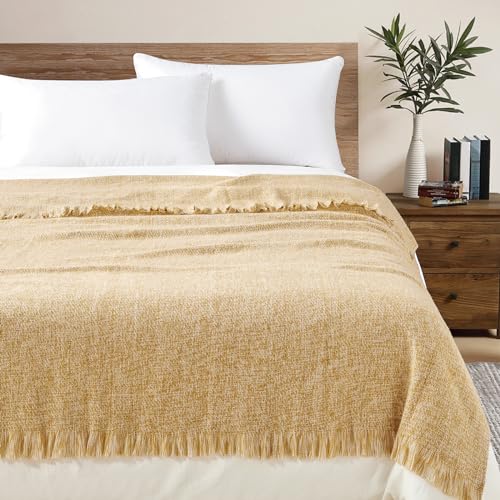 BOURINA Faux Cashmere Fringe Throw Blanket Decorative Lightweight Throw Soft Cozy for Bed or Sofa Outdoor Blanket, 50" x 70" Yellow - color: Yellow, size: 50"x70"