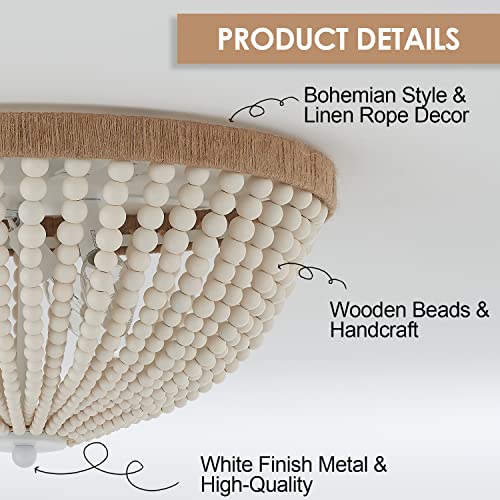 Dia 14.96" Boho Flush Mount Light Fixture Wood Bead, Farmhouse Chandelier, Antique Rustic Ceiling Light Fixture for Kitchen Hallway Entryway Laundry Bedroom Nursery Passway