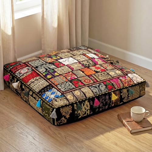 THE ART BOX Cotton Patchwork Vintage Boho Embroidered Floor Pillows & Cushion Cover Dog Pouf Seating Pouf Meditation Pillow Pet Bedding Cat Bed Boho Home Décor (35x35 Inches, Cover Only) - color: Black