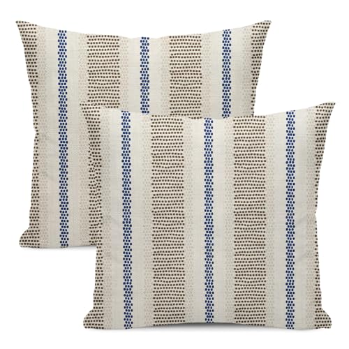 Boho Pillow Covers 16x16 Set of 2 Blue Brown Strips Throw Pillow Covers Outdoor Decoration Modern Abstract Decorative Pillowcase Farmhouse Linen Cushion Case for Home Sofa Couch - color: Boho-sage Blue-brown, size: 16" x 16" (Pack of 2)