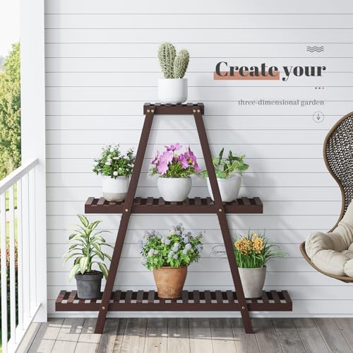 STDDRE Plant Stand For Indoor Outdoor Tiered Plant Shelf 3 Tier 8 Potted Bamboo Flower Holder Ladder Rack For Multiple Triangle Table Plant Pot Stand (Brown) - color: Brown