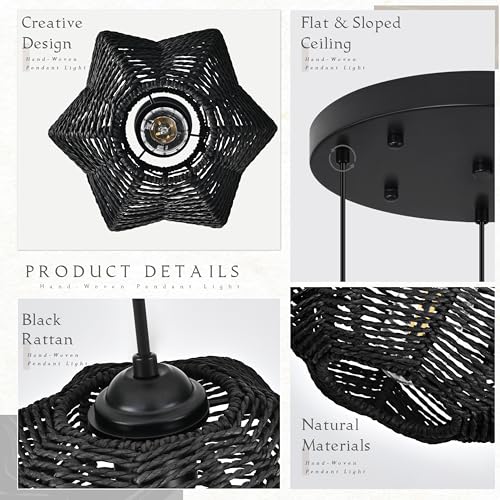 12" Boho Black 3-Light Boho Chandeliers for Kitchen Island Hand-Woven Boho Rattan Chandeliers Dimmable Adjustable Hanging Wicker Chandelier for Dining Room Living Room（Bulb Incl.） - color: 11.8" Black 3-Light