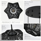 12" Boho Black 3-Light Boho Chandeliers for Kitchen Island Hand-Woven Boho Rattan Chandeliers Dimmable Adjustable Hanging Wicker Chandelier for Dining Room Living Room（Bulb Incl.） - color: 11.8" Black 3-Light