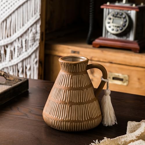 Mowtanco Rustic Farmhouse Vase with Handle and Tassel, Vertical Stripes Terracotta Pottery - Vintage Ceramic Clay for Home Décor, Shelf, Table, Bookshelf, Mantle, Entryway - color: Yellow - Tassel
