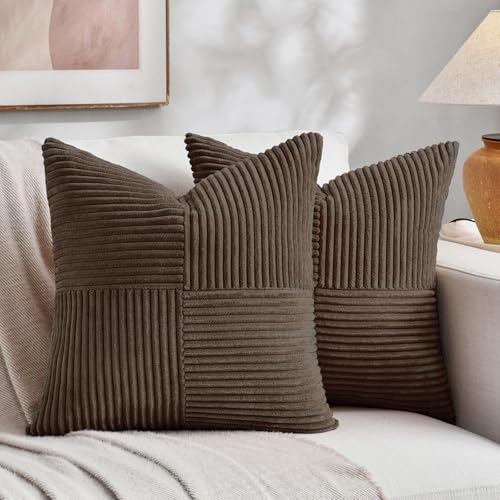 Fancy Homi 2 Packs Dark Brown Decorative Throw Pillow Covers 12x12 Inch with for Living Room Couch Bed, Rustic Farmhouse Boho Home Decor, Soft Corss Patchwork Corduroy Square Cushion Case 30x30 cm - color: Dark Brown, size: 12" x 12" (Pack of 2)