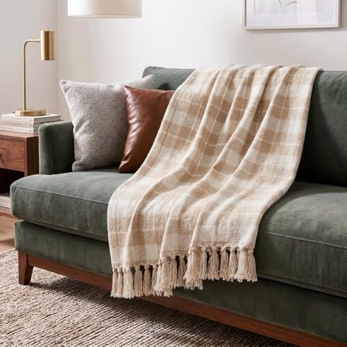 Americanflat 50x60 Throw Blanket - Soft and Breathable Cotton Throw Blanket for Couch, Bed, Chair - Decorative Blankets Perfect for Home, Office, or Outdoor Use - Ecru Camel Plaid Design - color: Ecru Camel Plaid