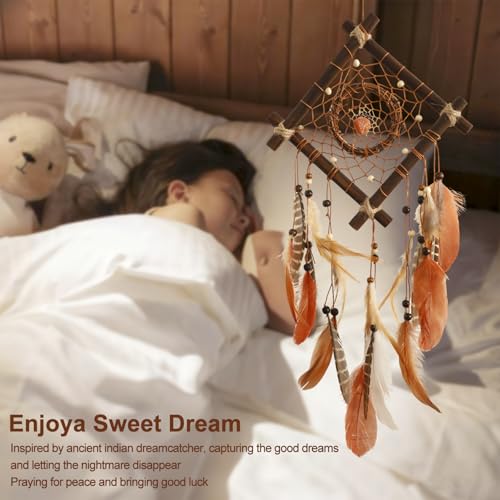 Dream Catcher Native American Boho Dreamcatcher Rattan Wood Wall Decor, Handmade Natural Dream Catchers with Healing Crystal Stone Feathers Ornament Indian Decor for Bedroom Living Room - color: Brown Orange Mix