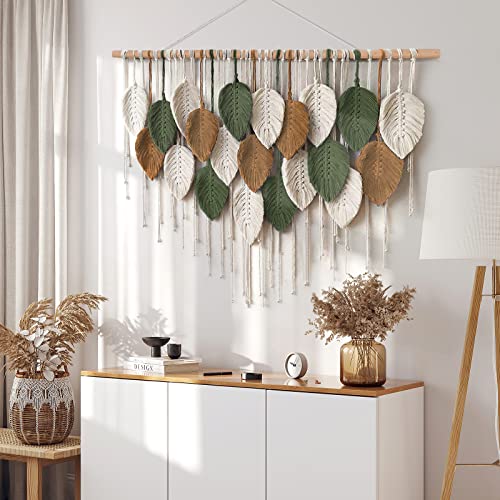 KHOYIME Large Macrame Wall Hanging Boho Woven Tapestry, Chic Home Decor Modern Bohemian Handmade Leaf Feather Wall Art Decorations for Apartment Dorm Living Room Bedroom Nursery Backdrop 39"W X 29.5"L - color: 39"W x 29.5"L