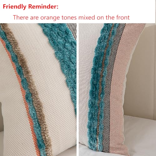 Boho Pillow Covers 18x18 Set of 2 for Couch-Modern Farmhouse Sofa Decorative Teal Throw Pillow Covers Textured Chenille Cushion Covers Outdoor Netural Bohemian Pillow Cases Square - color: Teal Stripe