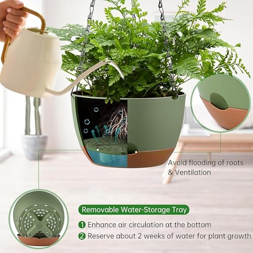 Set of 2 Hanging Planters for Indoor Outdoor Plants, 8 Inch Self-Watering Hanging Flower Pots with Drainage Hole & Removable Water-Storage Tray (Hooks) - color: Green, size: 8 Inch (S)