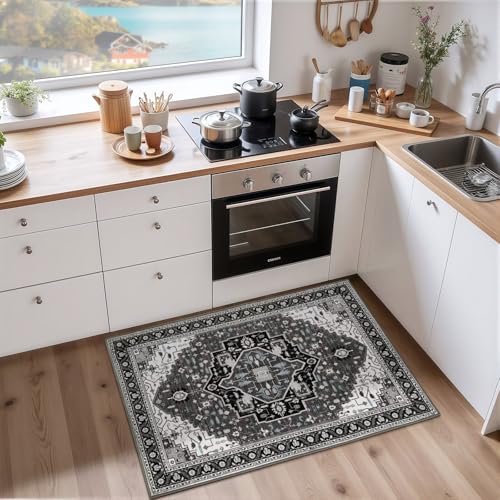 Macgace 2x3 Black Grey Small Area Rug for Entryway, Soft Washable Rugs with Non-Slip Backing for Bedroom Kitchen, Vintage Throw Carpet Laundry Entry Front Door Decor - color: Black & Grey, size: 2' x 3' (Rectangular)