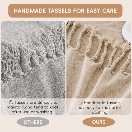 BATTILO HOME Beige Chenille Throw Blanket for Couch, Soft Cozy Textured Knit Throw Blanket with Handmade Fringe Tassels, Lightweight Decorative Farmhouse Blanket for Sofa Bed Chair, 50"x60" - color: Beige