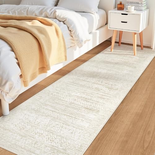 2x8 Washable Runner Rug: Moroccan Geometric Boho Rug Farmhouse Non Slip Stain Resistant Rugs Low Pile Soft Carpet for Porch Kitchen Laundry Room Living Room Bedroom (Ivory Beige,2'x8') - color: Ivory Beige, size: 2' x 8' (Rectangular)