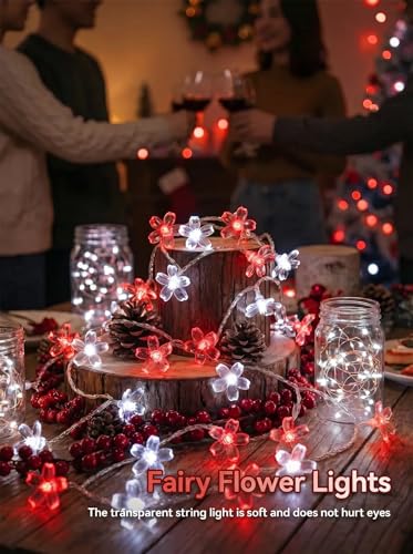 Flower Battery Operated Indoor String Lights 30LED Cherry Blossom Fairy Lights Waterproof Outdoor for Party Birthday Wedding Christmas Valentine's Day Home Decoration Red White - color: Red-White