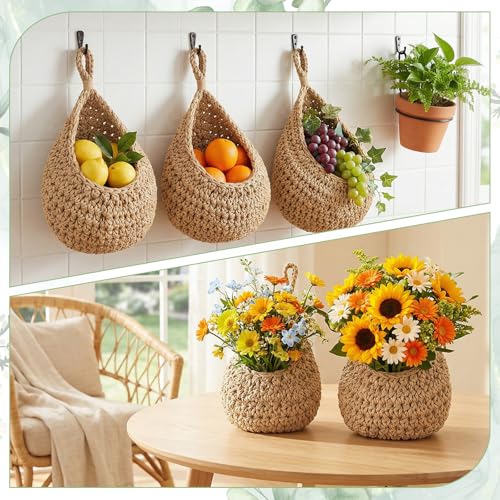 6 Pack Hanging Fruit Baskets for Kitchen Boho Wall Hanging Baskets for Organizing Handwoven Wall Fruit Basket Boho HangingWall Basket for Garlic Potato Onion Home Fruits and Vegetable StorageBaskets