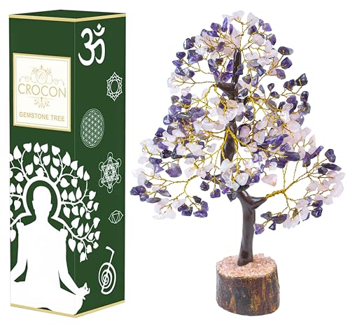Crocon® Amethyst & Rose Quartz Crystals Tree Home Decor, Birthday Gifts for Women, Sister Gemstone Gift for Her Money Tree Crystals and Healing Stones House Warming Gift New Home, Pink Decor Present - color: Amethyst + Rose (Golden Wire)