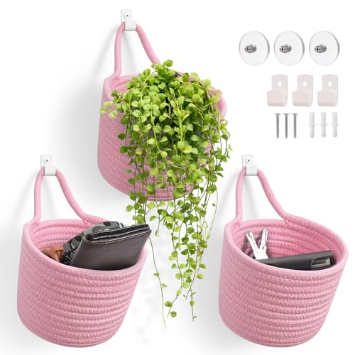 Fabric Wall Hanging Baskets - 3Pack Woven Pouchs Boho Style Wall Mounted Bag with Adhesive Hooks, Storage Organizers and Decoration Pocket Caddy Bins on Door Rack (Bright Pink & White, Large) - color: Bright Pink & White