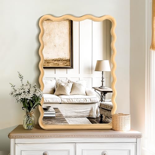 Bathroom Mirror for Wall, 20"x30" Boho Wavy Wood Mirror Large Full Length Decorative Mirror with Tempered Glass, Natural Wooden Frame Vanity Mirror for Bedroom, Living Room, Entryway - color: Natural a, size: 30"L x 20"W