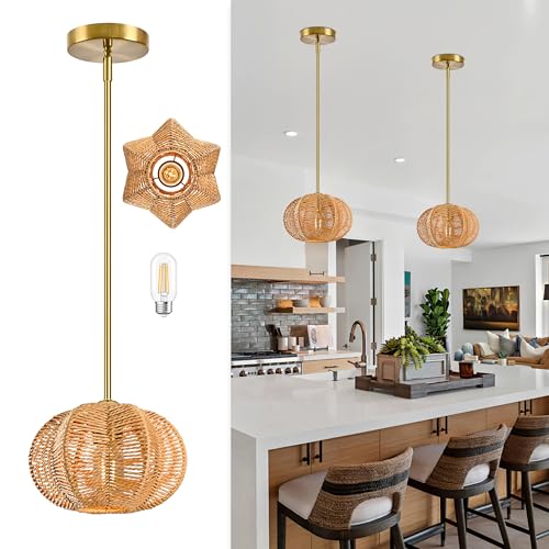 Mini Rattan Pendant Light Hemp Rope Rattan Light Fixture Woven Pendant Wicker Chandelier Boho Chandelier for Bedroom Kitchen Island - color: 8.7" Natural