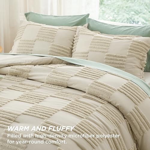 Bedsure Full Size Comforter Set Linen, Boho Tufted Bed Set, Grande Checkered Farmhouse-Style Distressed Vintage Bedding, 3 Pieces, 1 Plaid Geometric Comforter and 2 Pillow Shams - color: 07 - Linen - Large Checkboard, size: Full