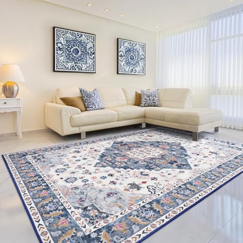 Amearea Vintage Design Area Rugs for Living Room, 4x6 Machine Washable Floral Collection Traditional Bedroom Rug, Low Pile Cute Kids Room Print Carpet, No Slip Office Kitchen Home Decor, Blue - color: Blue, size: 4' X 6' (Rectangular)