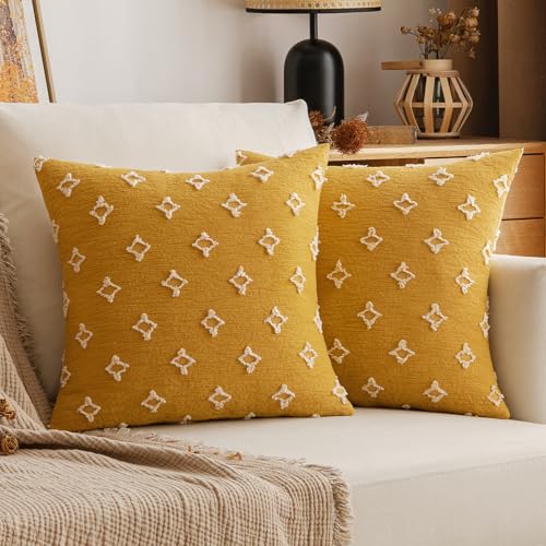 EMEMA Fall Mustard Yellow Decorative Throw Pillow Covers Rhombic Jacquard Pillowcase Cushion Case Square for Couch Sofa Bed Living Room Bedroom Set of 2, 16x16 Inch - color: Mustard Yellow, size: 16" x 16" (Pack of 2)