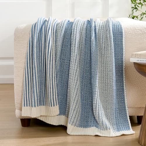 Amélie Home Premium Chenille Throw Blanket, Soft Cozy Luxury Two-Tone Knit Blanket for Couch, Sofa, Chair, Home Decor, Blue & Ivory 50"x60" - color: Two-tone Blue, size: 50" X 60"