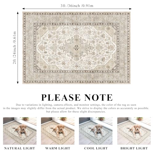 HILORUUG Washable Area Rug 2x3 - Entryway Living Room Large Indoor Rugs Soft Oriental Vintage Bedroom Rugs Non-Slip Backing Stain Resistant for Farmhouse Kitchen-2x3 Ivory - color: Ivory, size: 2' x 3' (Rectangular)